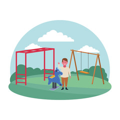 kids zone, boy waving hand with spring horse and swing playground