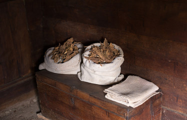 Tobacco leaves in sacks