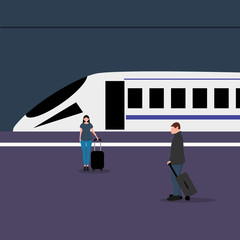 Man with woman tourists travelers with a suitcase at the train station waiting for the train. Cartoon flat design, vector illustration