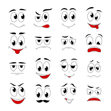 Cartoon cute faces. Funny exhausted sad angry happy expressions. Vector Caricature emotions, face elements with eyes and mouths, modern characters set