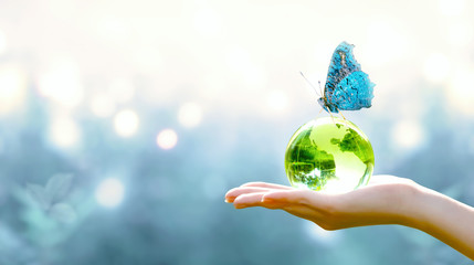 Card for World Earth Day. Earth crystal glass globe ball in human hand, sitting butterfly with blue...