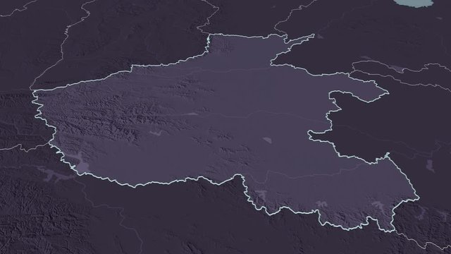 Henan, province with its capital, zoomed and extruded on the administrative map of China in the conformal Stereographic projection. Animation 3D