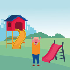Obraz na płótnie Canvas kids zone, happy boy hands up with slides playground