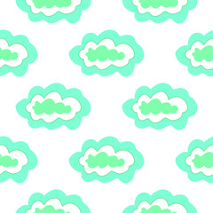 Cute clouds seamless pattern in Scandinavian style isolated on white background. Vector stock illustration. Aqua menthe and blue image for wrapping paper and fabric.