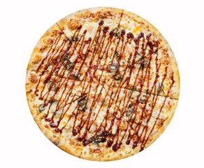 Tasty pizza chicken BBQ. Pizza with chicken and barbeque sauce isolated on white