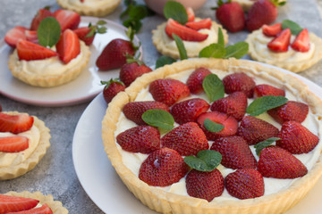 Strawberry tart with cream and mint traditional summer sweet pastry fruit dessert