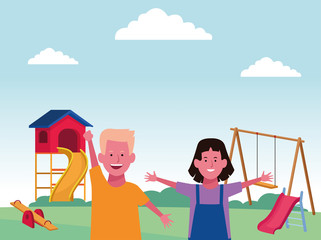 Fototapeta premium kids zone, happy boy and girl with swing slide and seesaw playground