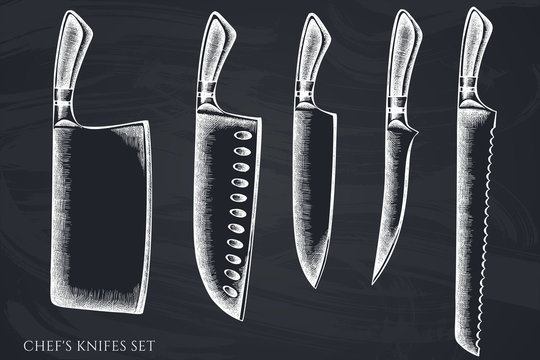 Vector set of hand drawn chalk Chef's knifes