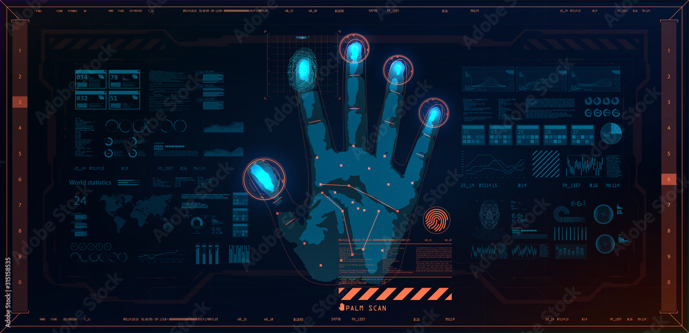Poster Biometric recognition technology on the palm of a hand, fingerprint and face of a person. Vector illustration Technology artificial intelligence. Fingerprint scanning identification system. HUD style
