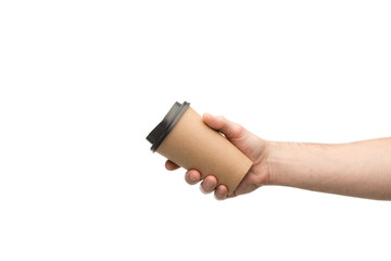 cropped view of man holding paper cup isolated on white