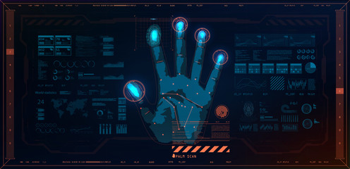 Biometric recognition technology on the palm of a hand, fingerprint and face of a person. Vector illustration Technology artificial intelligence. Fingerprint scanning identification system. HUD style
