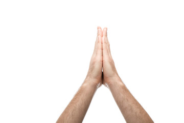 cropped view of man showing praying hands isolated on white - obrazy, fototapety, plakaty
