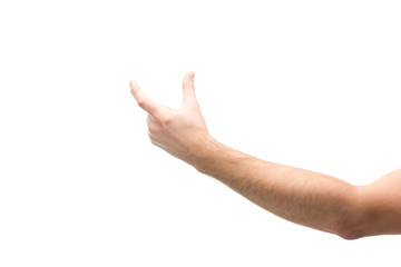 cropped view of man showing hold gesture isolated on white