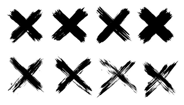 X black mark set. 8 highly detailed and different crosses. Hand drawn crossed brush strokes. Cross sign graphic symbol. High quality manually traced. Vector X mark set