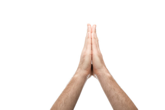 cropped view of man showing praying hands isolated on white