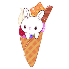 Cute bunny in ice cream. Sweet dessert. Children's character.