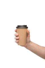 cropped view of man holding paper cup isolated on white