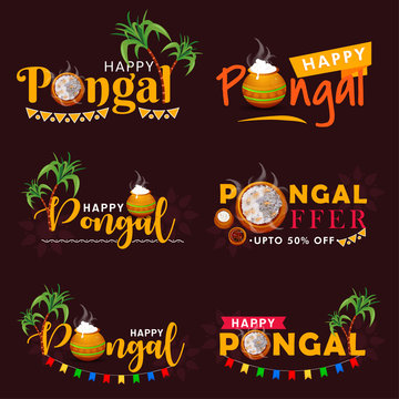 Happy Pongal. Vector illustration badges set on festival of south indians. Beautiful realistic Pongal elements like: Rice, Sugarcane and etc.