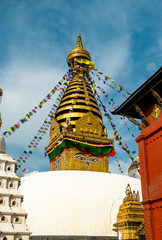 The upper part of the stupa in Buddhist temple Swayambhunath in Kathmandu.