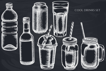Vector set of hand drawn chalk glass, plastic bottle, bottle of lemonade, smoothie cup, aluminum can, smothie jars