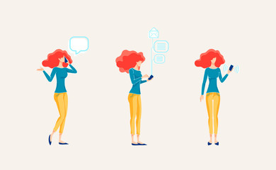 Woman Uses Mobile Phone for Business Conversations Girl Holds the Cellphone in her Hand and Checks the Email Office Worker Answering Calls Flat Vector Illustration