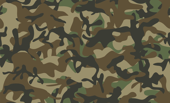 Camouflage Seamless Pattern. Classic clothing style masking camo repeat print. Green brown black olive colors forest texture.Vector Camouflage Seamless Pattern