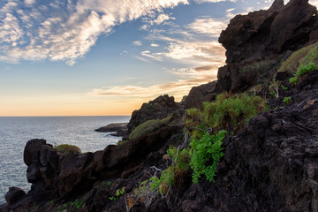 Fototapeta na wymiar Evening on the Atlantic Ocean on Tenerife Island, volcanic slope covered with tropical desert vegetation