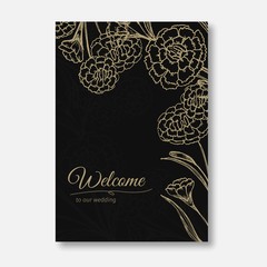 wedding invitation minimalist card design style with beauty doodle hand drawn carnation flower ornament outline vintage frame background mockup template vector illustration