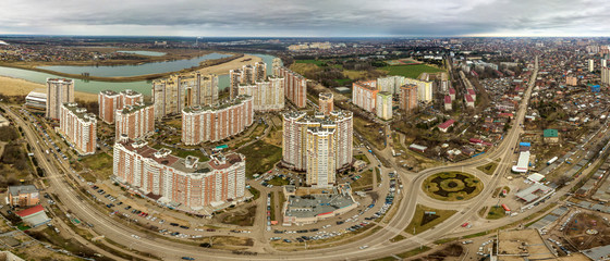 air drone panorama  view over the street of the 70th anniversary of the October Revolution (Yubileiny microdistrict. Krasnodar, South of Russia)