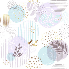 Seamless exotic pattern with tropical plants and gold glitter elements. Vector