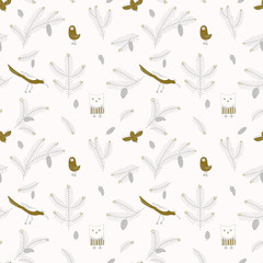 Seamless pattern with fir branches and cones, forest bird, owl. Cute cartoon children drawing.