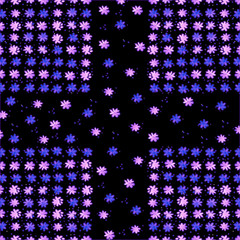 Pattern. Pink and blue flowers arranged in rows on a black background. Form squares on the edges of the sheet. In the middle is a space in the form of a cross.