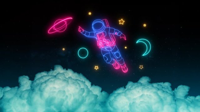 Neon Light Astronaut Planets And Stars Glow On A Space Background Above The Clouds. Cosmic Neon Sign, Bright Signboard, Light Banner, Space Logo, Emblem. Seamless Loop