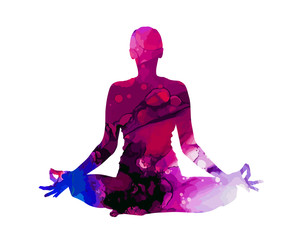 yoga. lotus position silhouette. mixed media. vector illustration