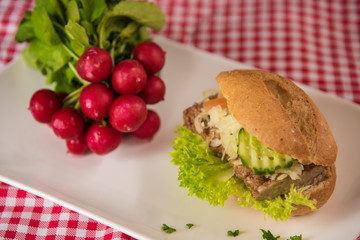 on a white plate lies a sliced bread roll filled with sausage, cheese and egg and as decoration a bunch of radishes