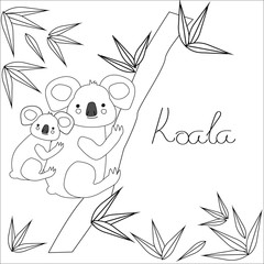 Naklejka premium Cute character mother koala and baby in cartoon style with eucalyptus for coloring book.