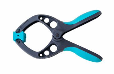 Carpentry plastic clamps with blue handles isolated on white background. Clamping tools for joinery and photography. Hand tools for handicraft.