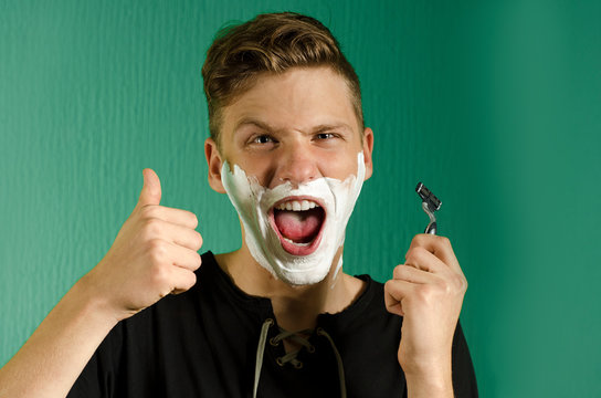 Puberty Male Showing Thumbs Up, Having His First Shave