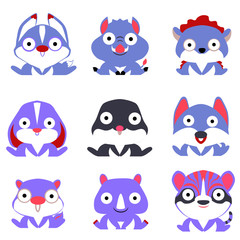 Set of blue stylized animals isolated on a white background.