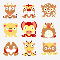 Set of yellow and brown wild animals isolated on a white background.