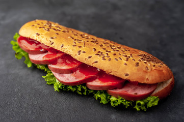 large panini sandwich with sausage and cheese on a stone background with copy space for your text