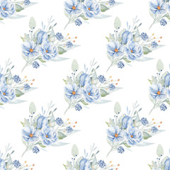 Blue rose boutonnieres hand drawn watercolor seamless pattern