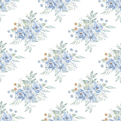 Blue roses and clover flowers bouquets hand drawn watercolor seamless pattern