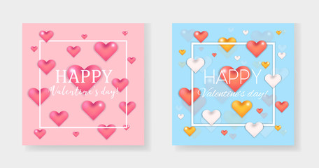 Fototapeta na wymiar Lovely blue and pink cards collection with cherry, golden and silver 3d hearts with shadow and thin square white frame for Valentines day design. Passion background for 14 february with heart drops
