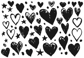 Collection of vector black ink hearts and stars for Valentines day greeting cards and banners design. Cute hand drawn sketch heart illustration for romantic background decoration