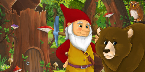 Obraz premium cartoon scene with happy dwarf in the forest near some house in the old tree and near some owls birds - illustration for children
