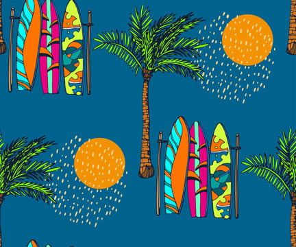 Beach pattern with surfing board. Decorative background. Vector seamless pattern illustration. Print for textile, cloth, wallpaper, scrapbooking