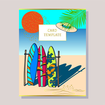 invitation card Beach pattern with surfing board. Decorative background. Vector illustration.