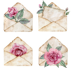 Vintage brown envelopes with pink roses and green leaves. Watercolor illustration of letters.