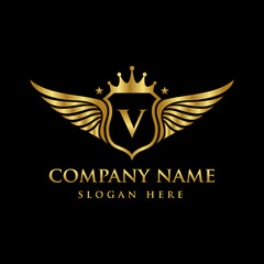 Luxury royal wing Letter V crest Gold color Logo vector, Victory logo, crest logo, wing logo, vector logo template